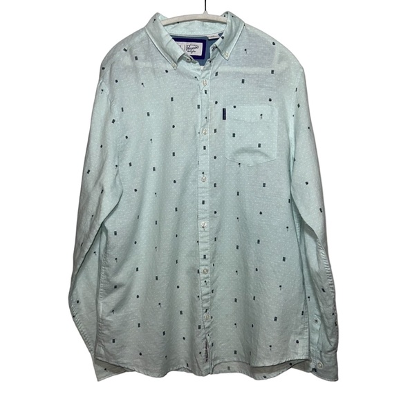 PENGUIN Men’s Ballad Blue Tiki Linen Print Long Sleeve Button Down Shirt- Large - Picture 1 of 11